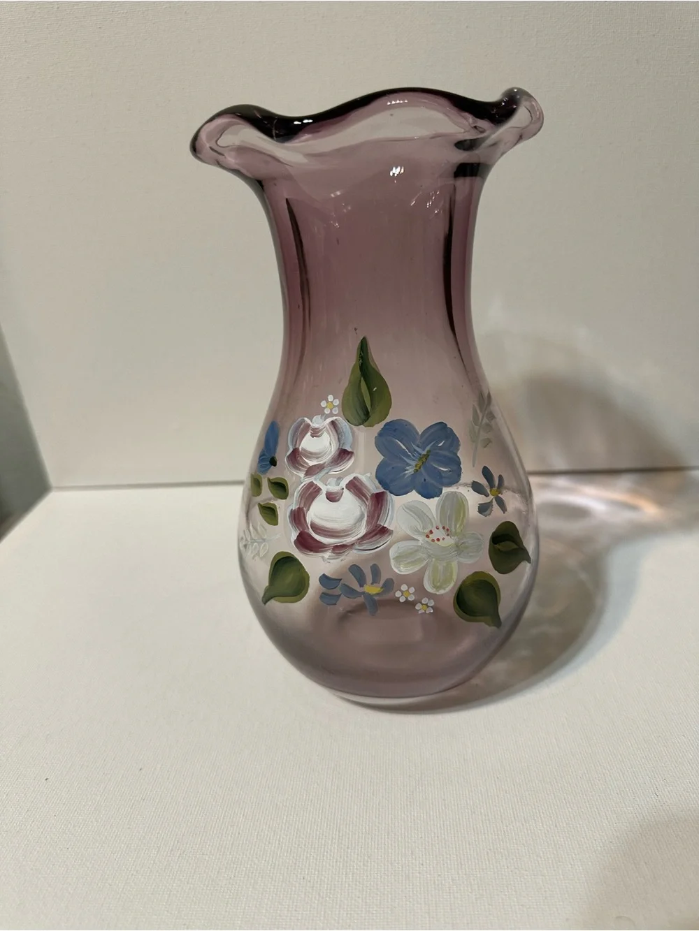 Fenton Glass Ruffle Vase - Purple Amethyst Hand Painted Flowers
